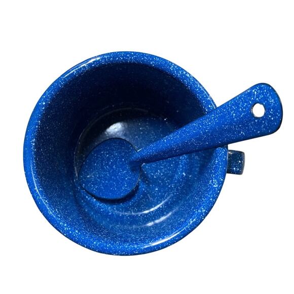 Enamelware 16 oz Coffee Mug & Spoon Set Blue White Speckled Outdoor Camping - Picture 3 of 3